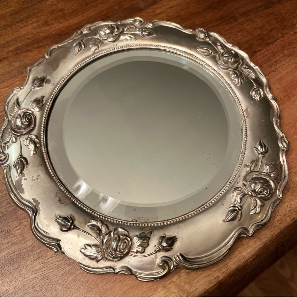 Antique Art Nouveau Beveled Vanity Mirror-Silver Plated Cast Iron-Rose Decor 10”
